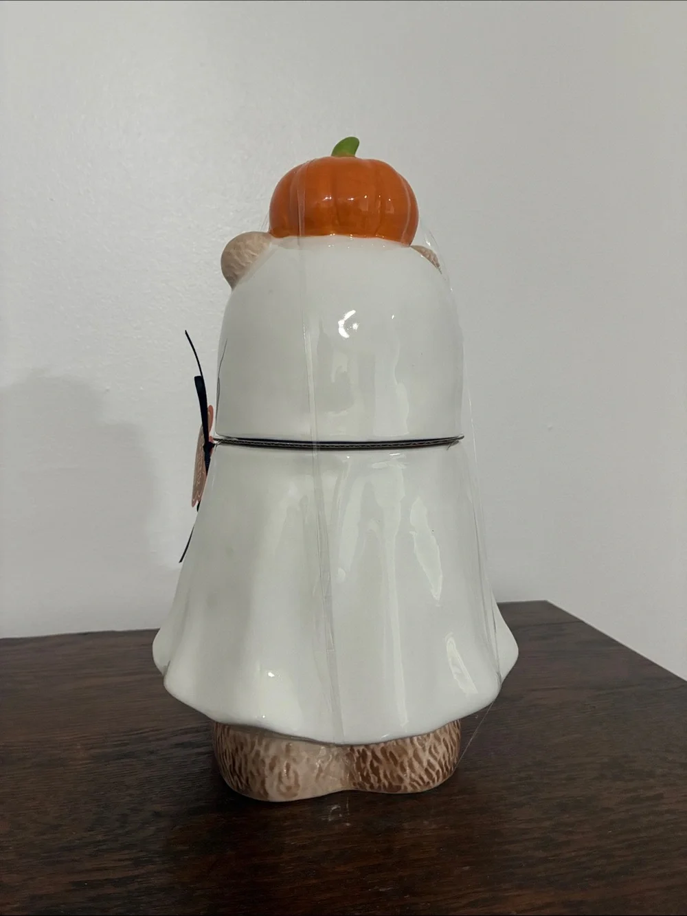 NWT- Halloween Ghost Bear Ceramic Cookie Jar- w/ Jack-o-lantern Pumpkin Handle